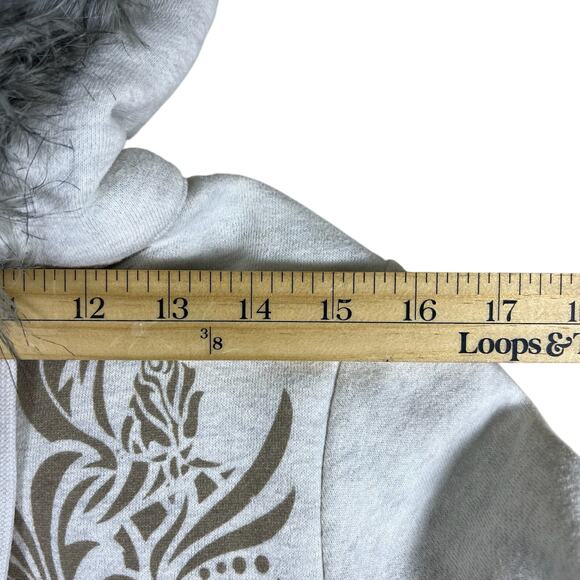 Vintage Harley Davidson Fur Trim Zip Hoodie M Gray Felted Logo Y2K Tattoo Style - Picture 15 of 16